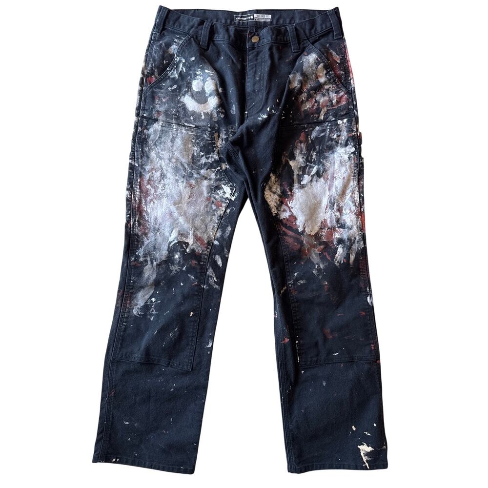 Carhartt Black Double Knee Work Pants 34x30 Distressed Paint Splatter